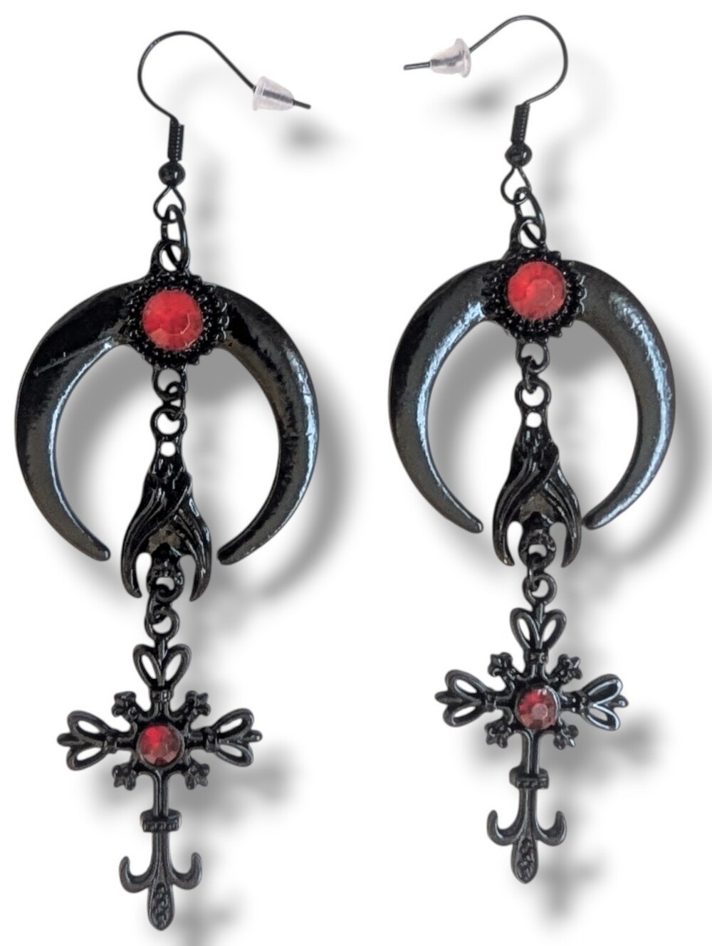NWT Handmade Black with Red Gem Crescent Moon Bat and Cross Earrings